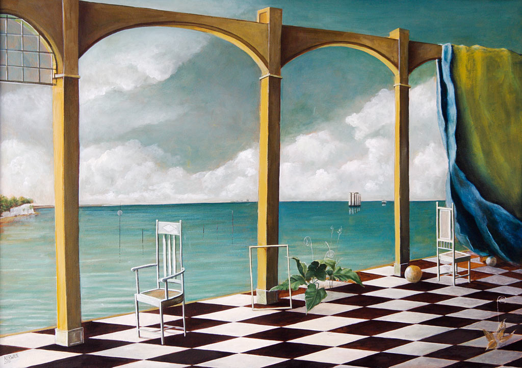 »Stühle am Meer«, Benjamin Kerwien, Öl auf Holz, 61 × 41 cm, 2012