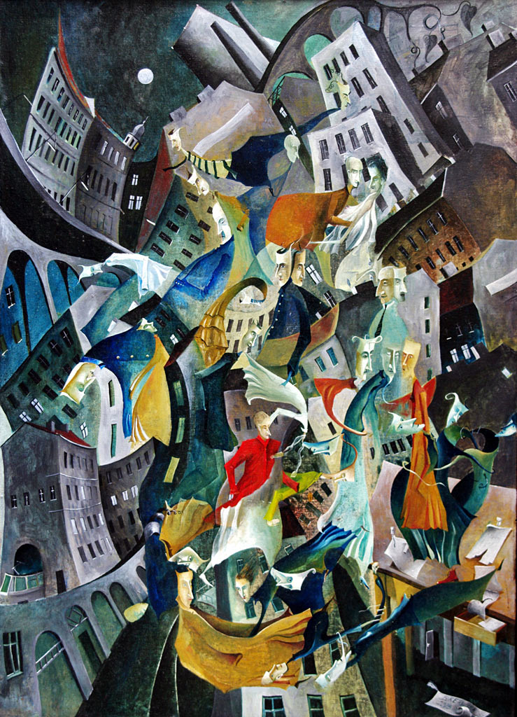 »Nächtliche Gestalten«, Benjamin Kerwien, Öl auf Leinwand geblockt, 50 × 70 cm, 2003