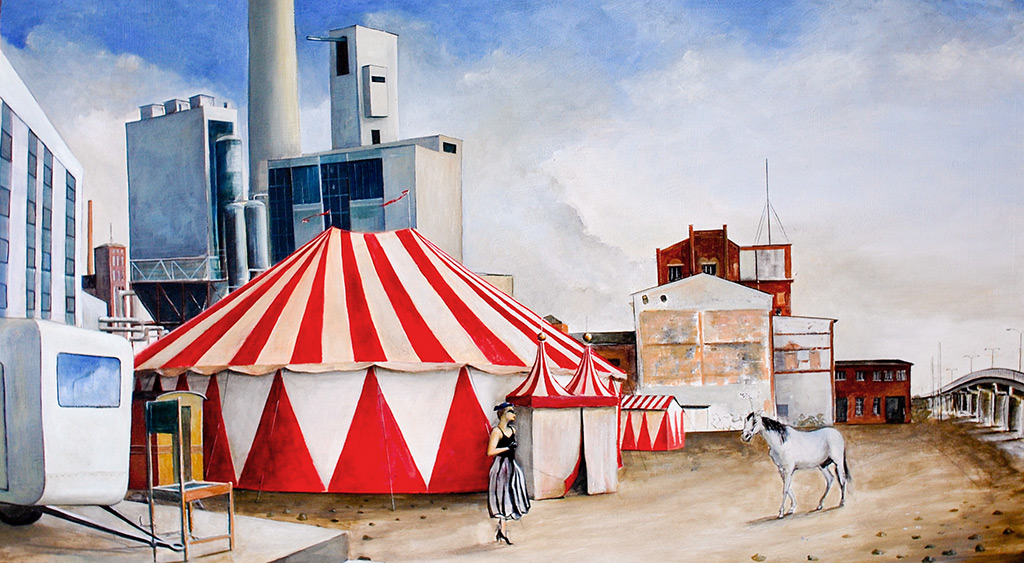 »Die Zirkuswiese«, Benjamin Kerwien, Öl auf Holz, 50 × 30 cm, 2013