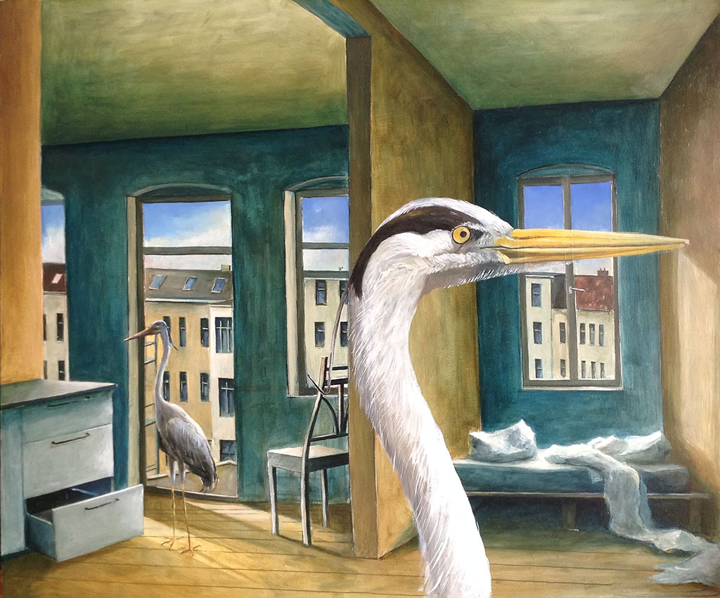 »Zimmervogel«, Benjamin Kerwien, Öl auf Holz, 30 × 25 cm, 2014