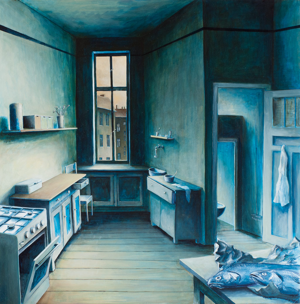»Forelle Blau«, Benjamin Kerwien, Öl auf MDF, 60 × 60 cm, 2014