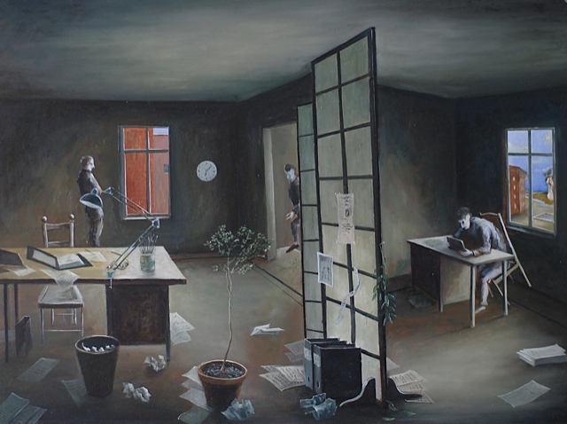 »Im Büro«, Benjamin Kerwien, Mischtechnik auf MDF, 50 x 50 cm, 2016